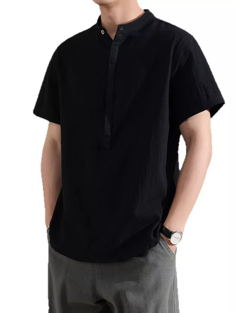 Black cotton short sleeve shirt with band collar and buttoned placket