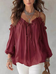 Frill Spaghetti Strap Tie Front Blouse in White, back view