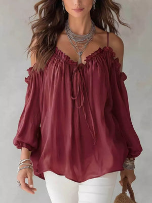 Frill Spaghetti Strap Tie Front Blouse in White, back view