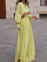 Elegant V-neck Maxi Dress With Flowy Sleeves in Black, fabric detail