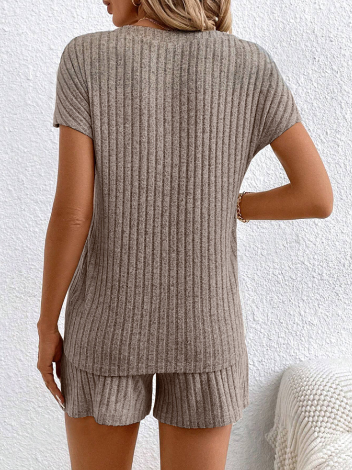 Button-down ribbed knit lounge set in mocha with short sleeves and shorts.