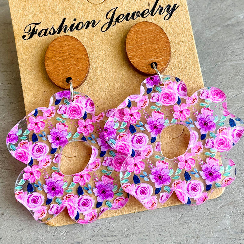 Floral acrylic flower earrings with wood tops and pink floral pattern