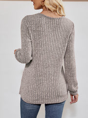 Textured ribbed V-neck pullover in Khaki with long sleeves and a casual fit.