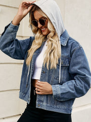 Denim jacket with contrast grey hood and drawstring, button front, and chest pockets.