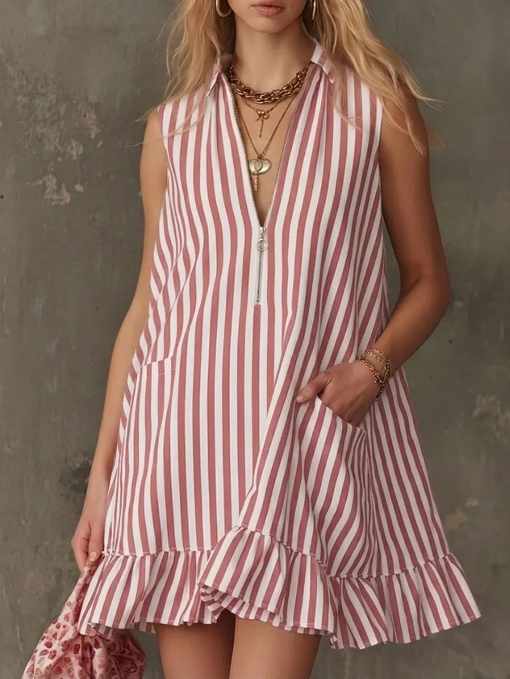 Chic ruffle hem mini dress with zipper in pink and white stripes, featuring pockets and a V-neck.