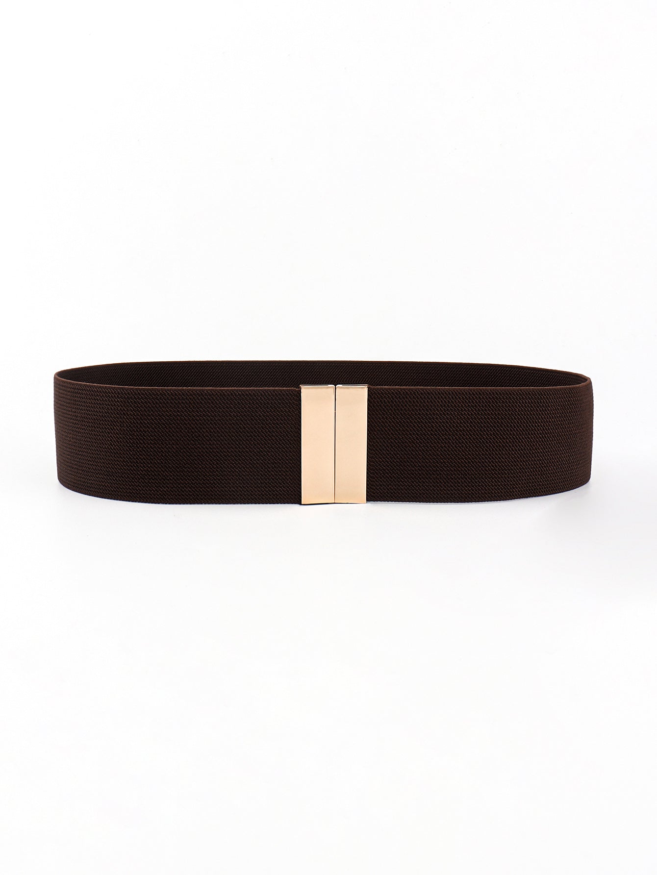 Chocolate wide elastic belt with gold clasp detail.