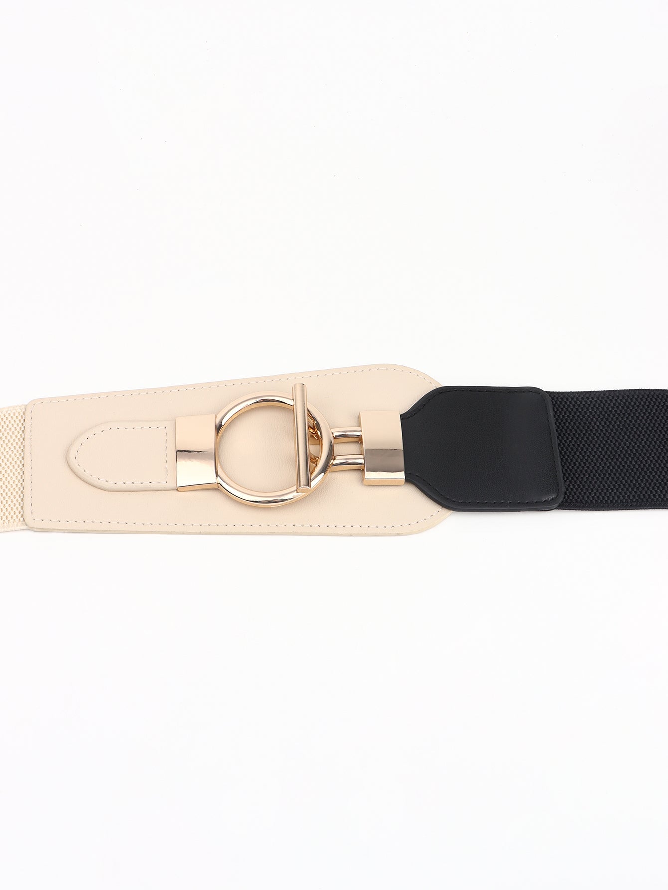 Cream and black elastic belt with gold D-ring buckle and hardware detail
