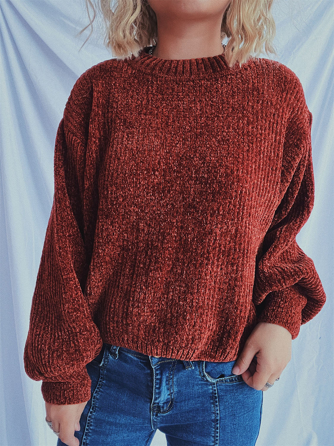 Terracotta ribbed knit crewneck sweater with balloon sleeves