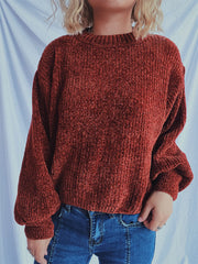 Terracotta ribbed knit crewneck sweater with balloon sleeves