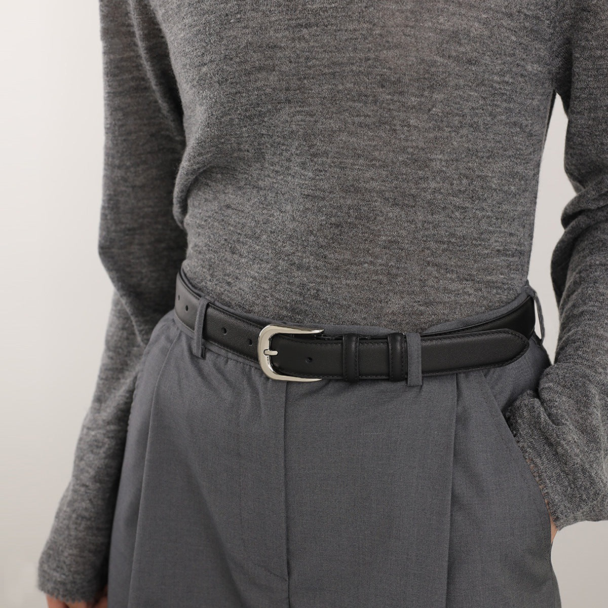 Black cowhide leather slim belt with silver buckle