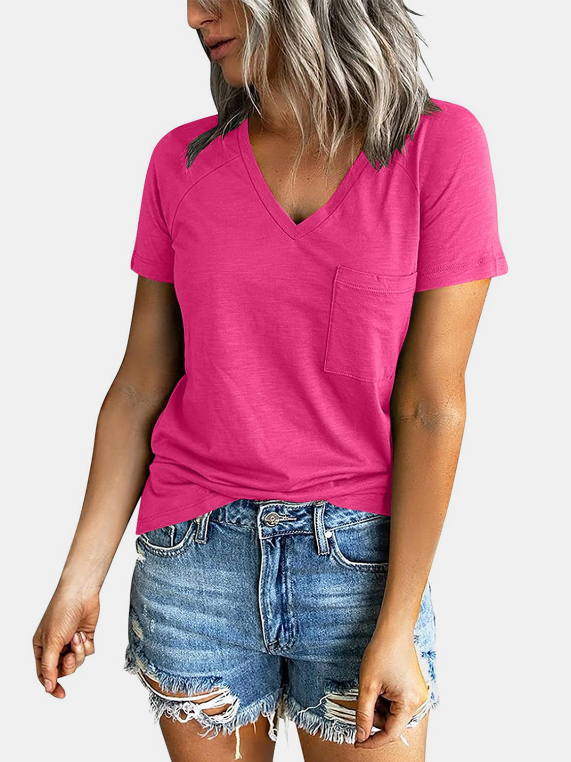 Hot Pink raglan pocket t-shirt with V-neck and short sleeves.