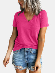 Hot Pink raglan pocket t-shirt with V-neck and short sleeves.