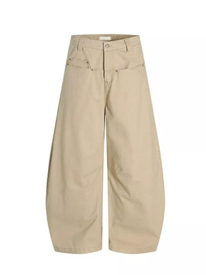 Khaki wide-leg sweatpants with pockets and a relaxed fit.