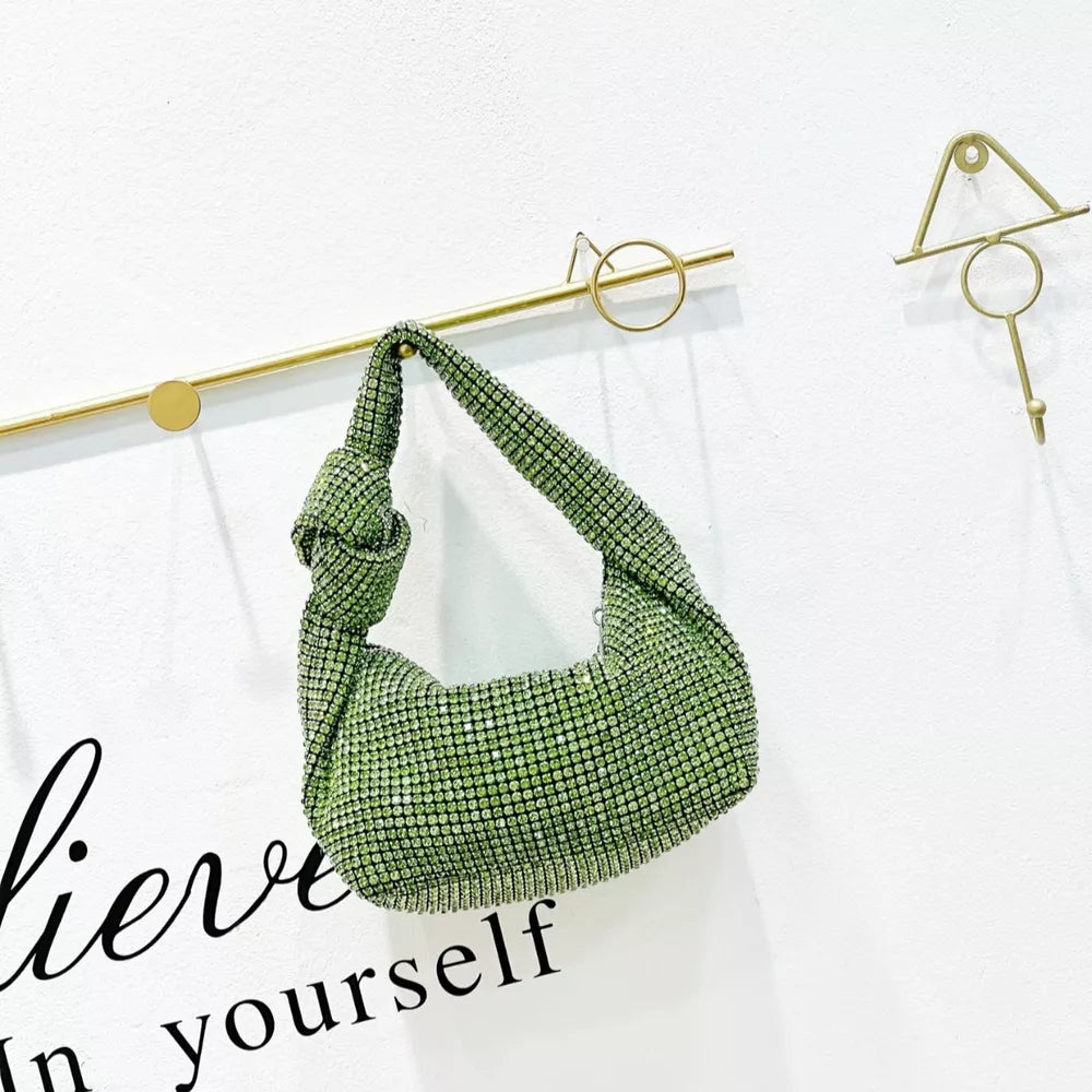 Green rhinestone crescent tote bag with knotted strap
