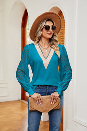 Azure lace sleeve knit v-neck blouse with textured trim and cinched cuffs