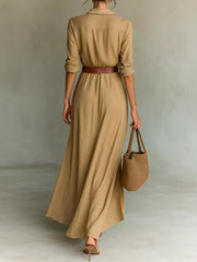 Elegant V-neck Ruched Maxi Dress With Belt in Black, side view