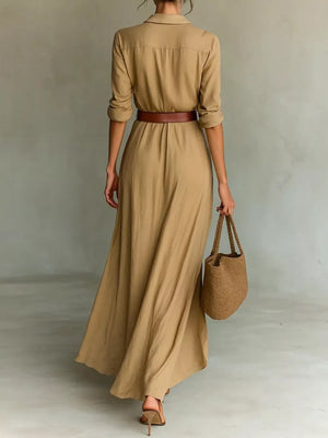 Elegant V-neck Ruched Maxi Dress With Belt in Black, side view