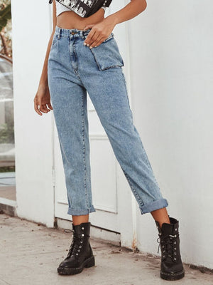 Light wash barrel leg jeans with pocket detail and cuffed hems