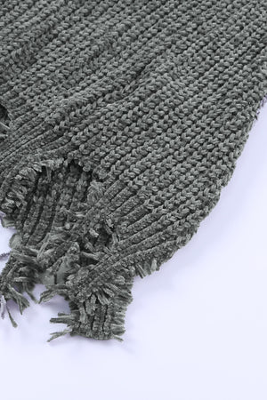Distressed knit sweater in dark gray with fringe detail