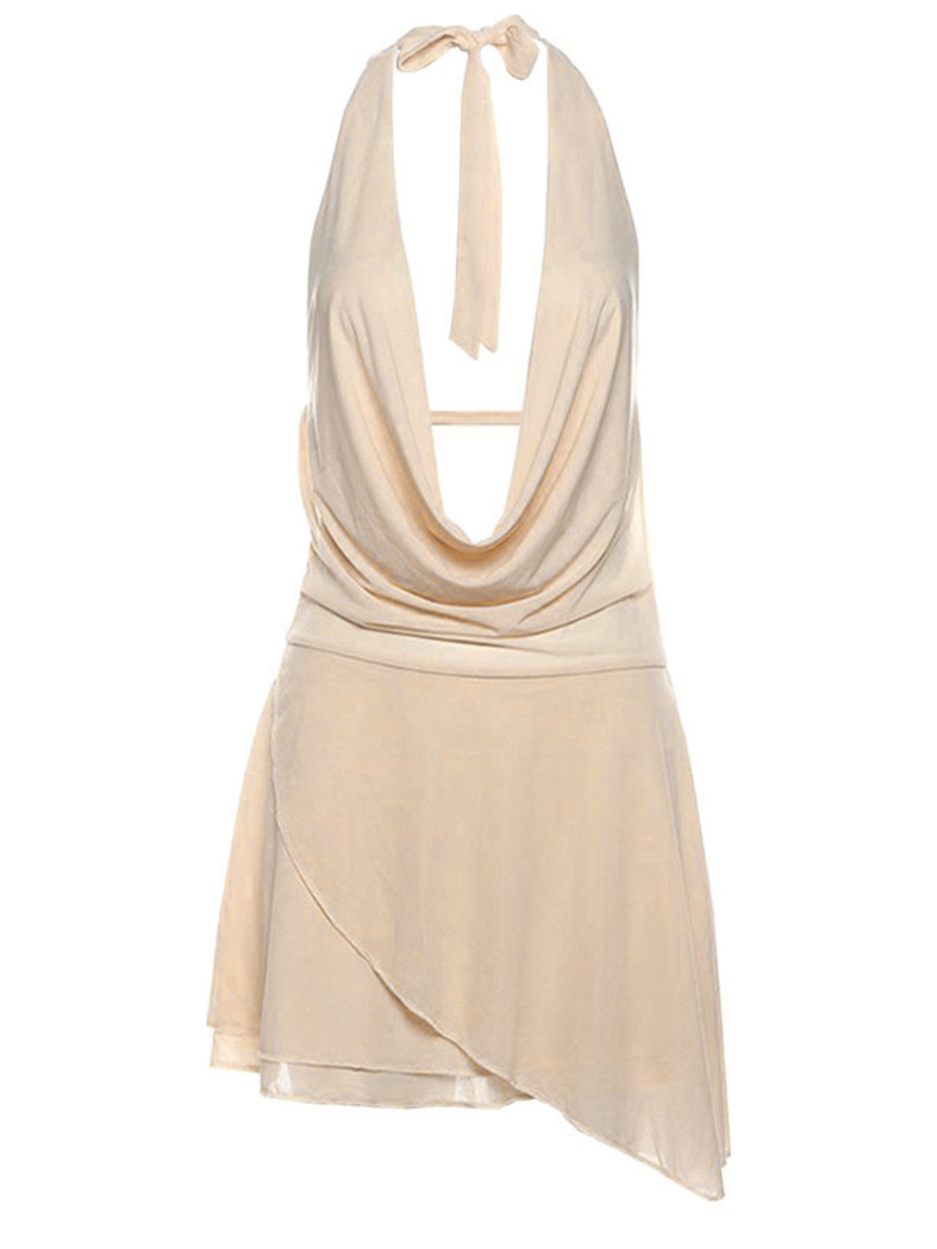 Backless mini dress with cowl neck, halter tie and asymmetrical ruffled skirt.