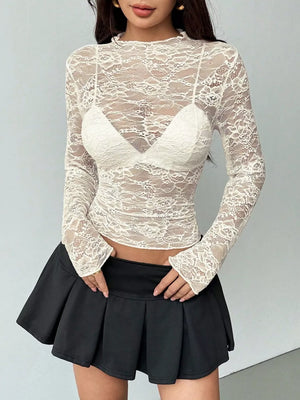 Sheer Lace Long Sleeve Top in Black, alternate angle