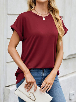 Burgundy crew neck t-shirt with cuffed sleeves and a relaxed fit.