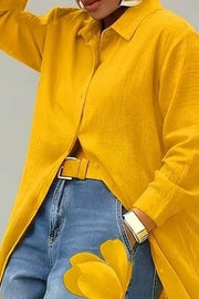 Button Up Long Sleeve Longline Shirt in Royal Blue, fabric detail