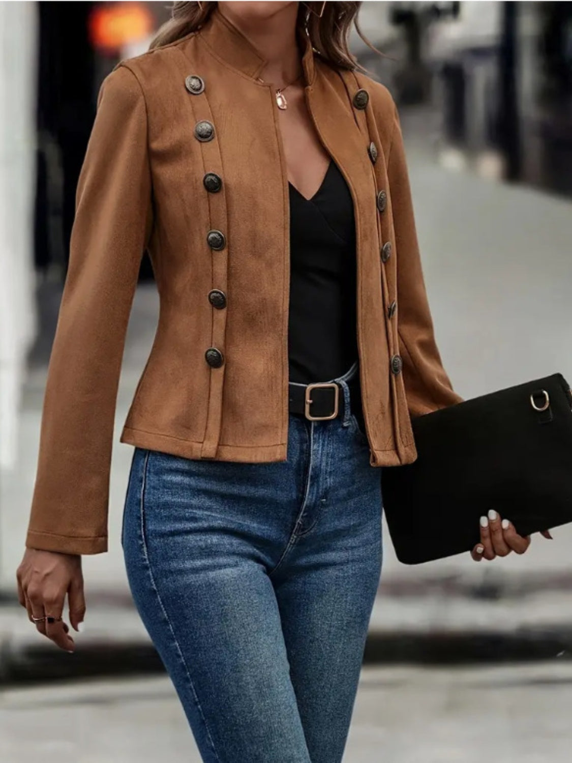 Brown suede military-inspired jacket with double-breasted button detail