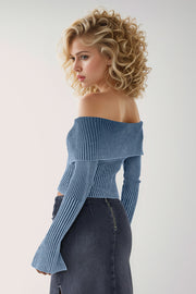 Off-shoulder ribbed knit top in French Blue with flared sleeves.