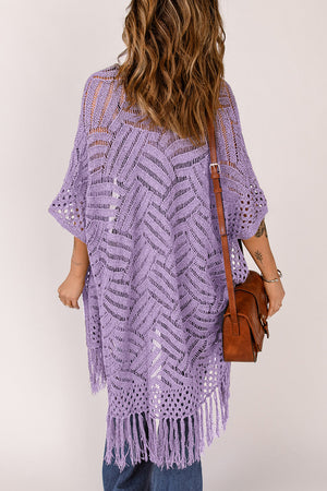 Lavender open knit chevron fringe cardigan with short sleeves and a relaxed fit.