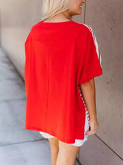 Red t-shirt with white stripes on sleeves and hem, polyester, short sleeves, crew neck.