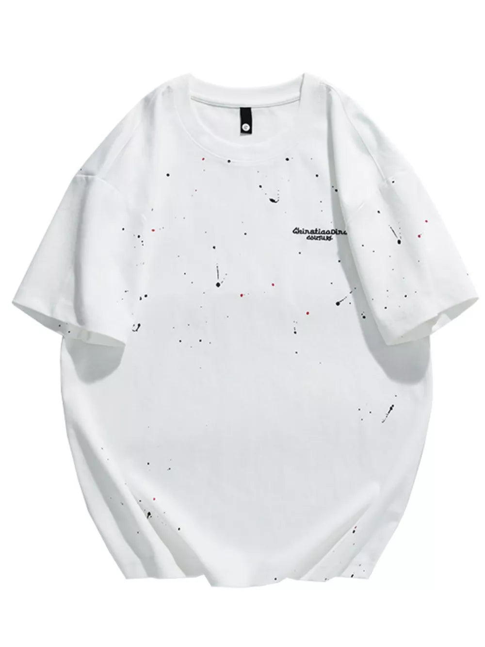 White cotton t-shirt with black and red paint splatter detail and graphic text.