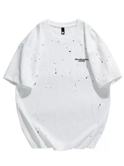 White cotton t-shirt with black and red paint splatter detail and graphic text.