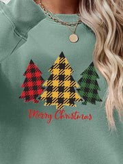 Plaid tree graphic crewneck sweatshirt in Sage with Merry Christmas text.