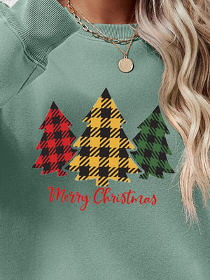 Plaid tree graphic crewneck sweatshirt in Sage with Merry Christmas text.