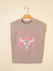 Acid-washed cotton tank top in khaki with cowgirl skull graphic and text.