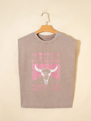 Acid-washed cotton tank top in khaki with cowgirl skull graphic and text.
