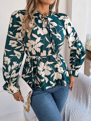 Deep Teal floral peplum blouse with ruffled neck and tie detail