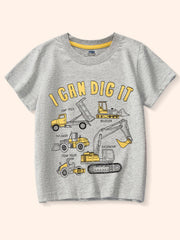 Grey cotton t-shirt with yellow construction vehicles and "I CAN DIG IT" graphic.
