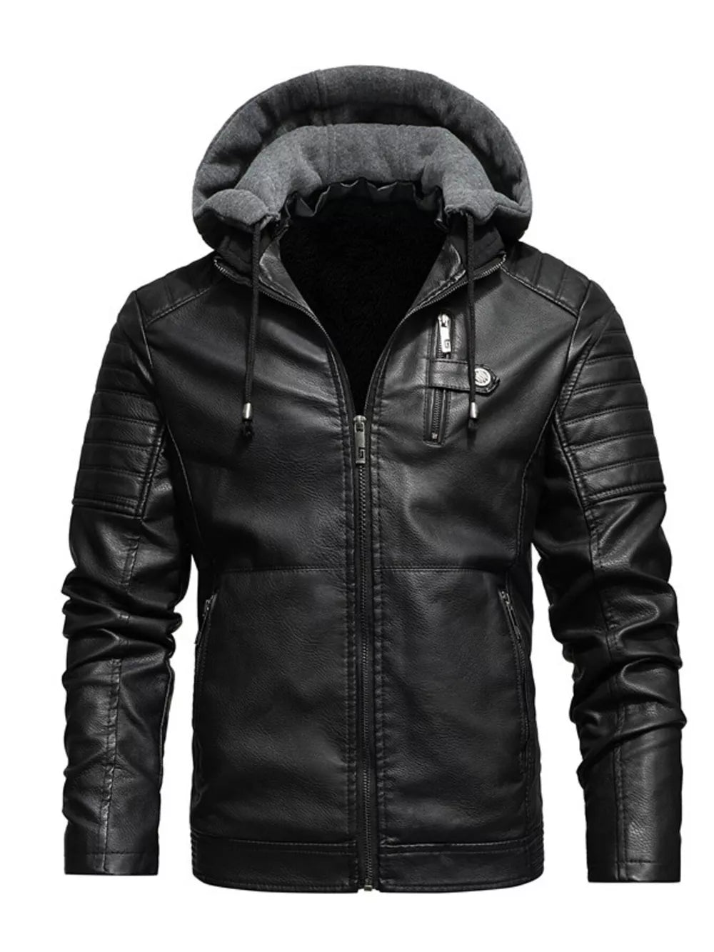 Black faux-leather hooded jacket with ribbed sleeve details and zippered pockets.