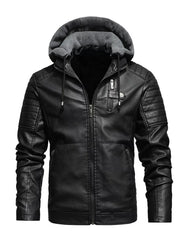 Black faux-leather hooded jacket with ribbed sleeve details and zippered pockets.