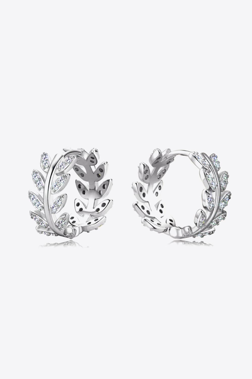 Silver leaf pavé hoop earrings with cubic zirconia on 925 sterling silver