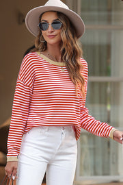 Nautical knit crewneck sweater with red and white stripes and contrast trim neckline and cuffs.