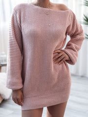 Light mauve acrylic sweater dress with balloon sleeves and off-the-shoulder neckline