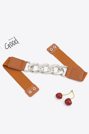 Ochre elastic belt with silver chunky chain and faux leather details