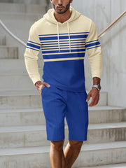Men's blue and cream textured stripe hoodie and shorts set with drawstring.
