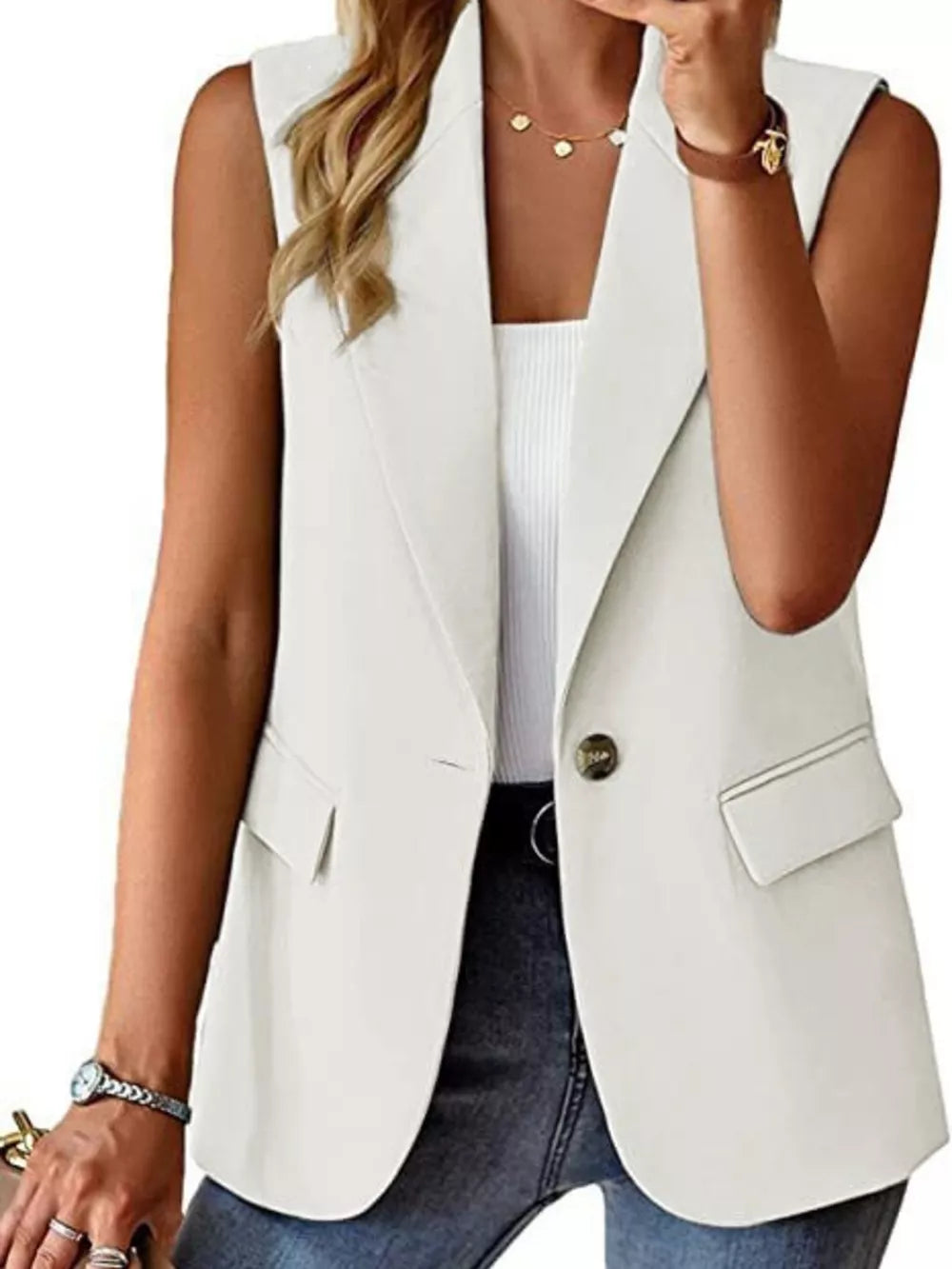 One Button Blazer Vest in Navy, model styling view