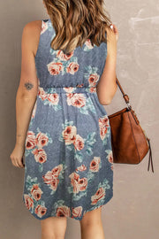 Misty Blue floral sleeveless midi dress with elastic waist and A-line skirt.