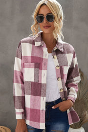 Oversized pink checkered shacket with patch pockets and button-down front.