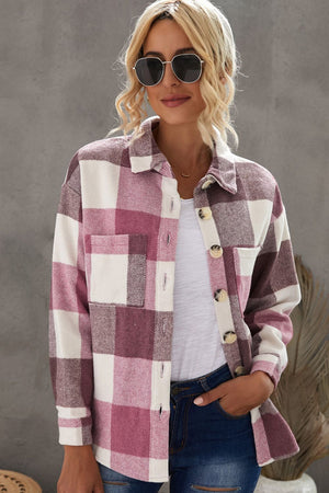 Oversized pink checkered shacket with patch pockets and button-down front.